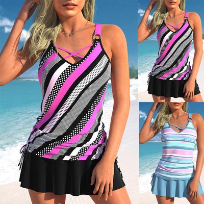 Neues Sommer Damen Lila Grau Gestreift Bedrucktes Tanktop und Viereckshose Zweiteilige Bademode zum Schnüren Sexy Strandset S-6XL