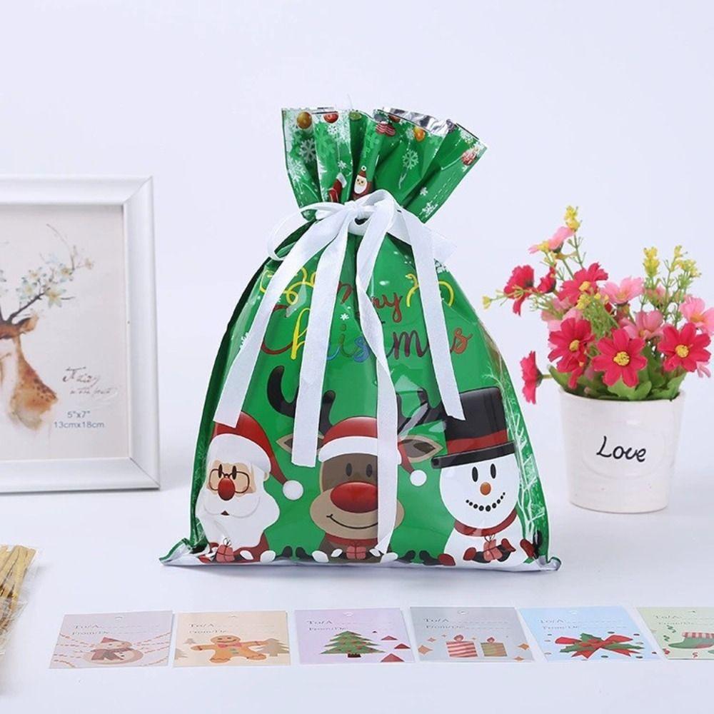 

5Pcs Drawstring Gift Bag Santa Claus Snowman Candy Cookie Packaging Bag Christmas Candy Bags 24x32cm-E