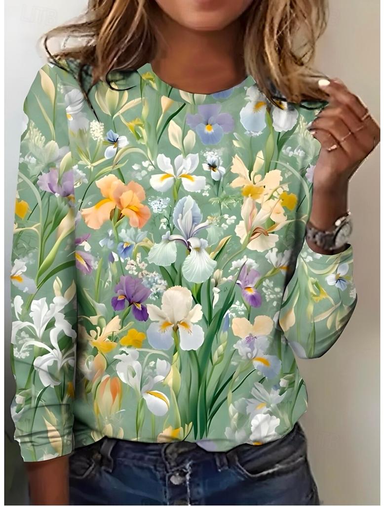 Fashion Women's Vintage Flower Graphic O-Neck Long Sleeve T-Shirt Casual Tops Womens Clothing Harajuku Female Clothing Pullover