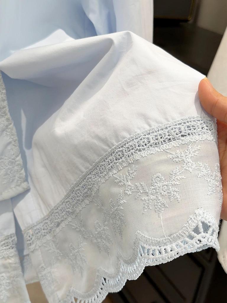 Women's Mid-Length French White Lace Embroidered Tie-up Long-Sleeve Shirt - Spring/Autumn Loose Fit