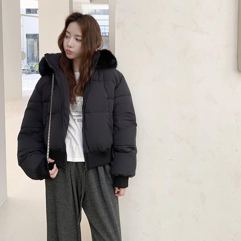 Winter New Loose and Thin Fur Collar Hooded Short Down Cotton Clothes Women's Waist Thickened Cotton Coat