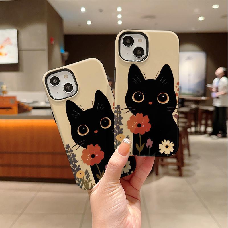 Big Eyed Floral Cute Black Cat Holding Flower Art Film Aesthetic Protective Shockproof Bumper Case Cover For iPhone 14 15 16 Pro Max Plus