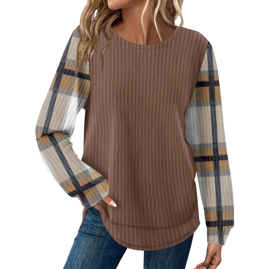 Women's Plaid Print Round Neck Long Sleeve Casual Loose Top