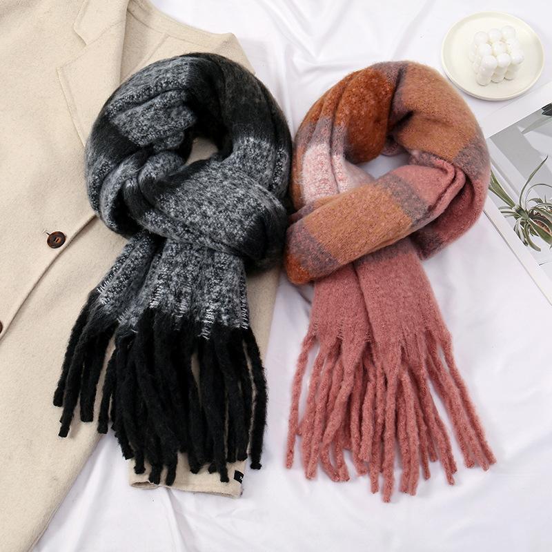 New Scarf Women Female Winter Mohair Warm Thickened Long Scarves Soft Patchwork Coarse Braid Tassel Shawl Viscose Wrap Shawls