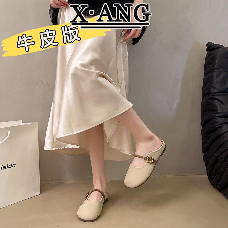 Leather bag head half slippers women's summer wear 2025 new soft sole one pedal lazy single shoes Mary Jane shoes