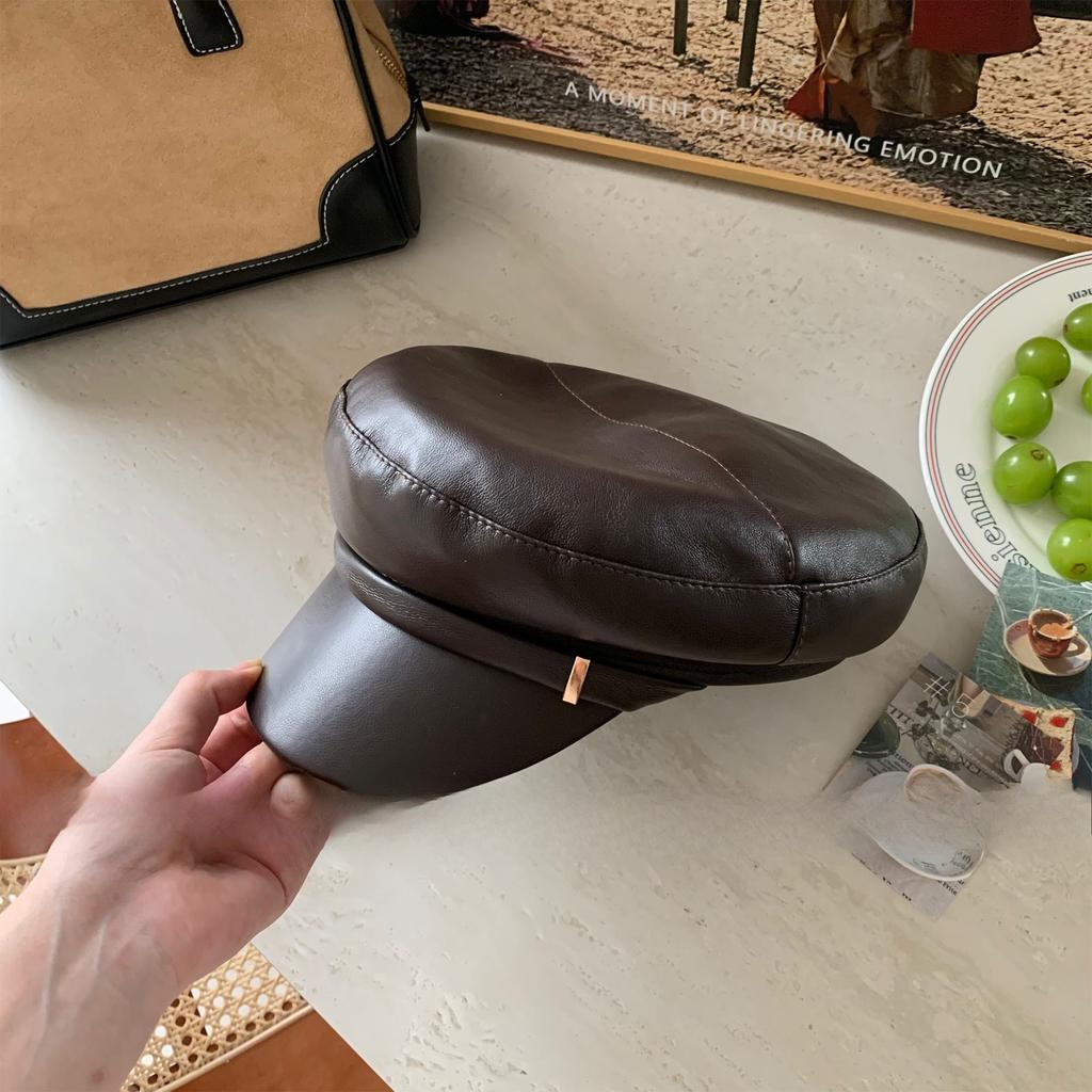 Japanese PU Leather Octagonal Hat Female British Retro Leather Beret Versatile Flat Top Newsboy Hat