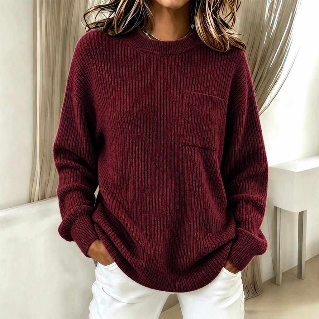 Women's Ribbed Neck Sweater with Pocket Color for Work Commute
