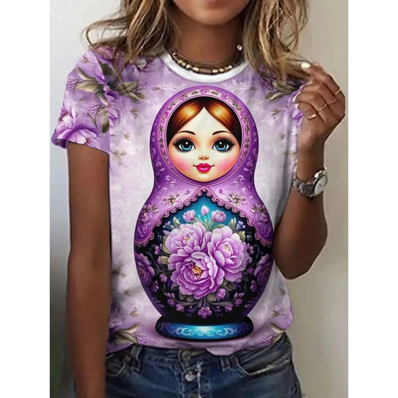 Fashion Women s Crew Neck Short Sleeve 3D Portrait Color Printed Portrait Short Sleeve Crew Neck T-Shirt XS