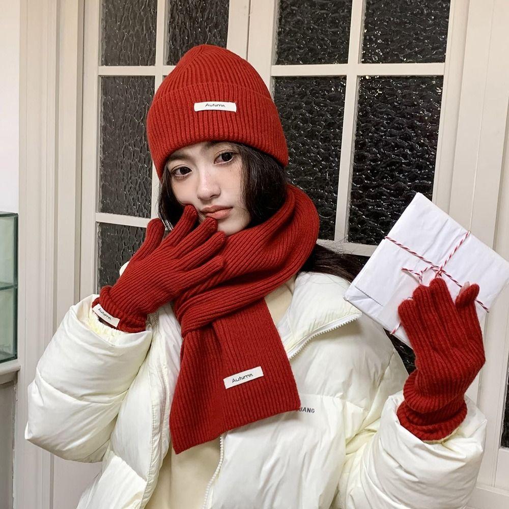 Wool Hat Scarf Gloves Set Warm Winter Beanie Hat Fleece Lined Thermal Knit Cap  Winter