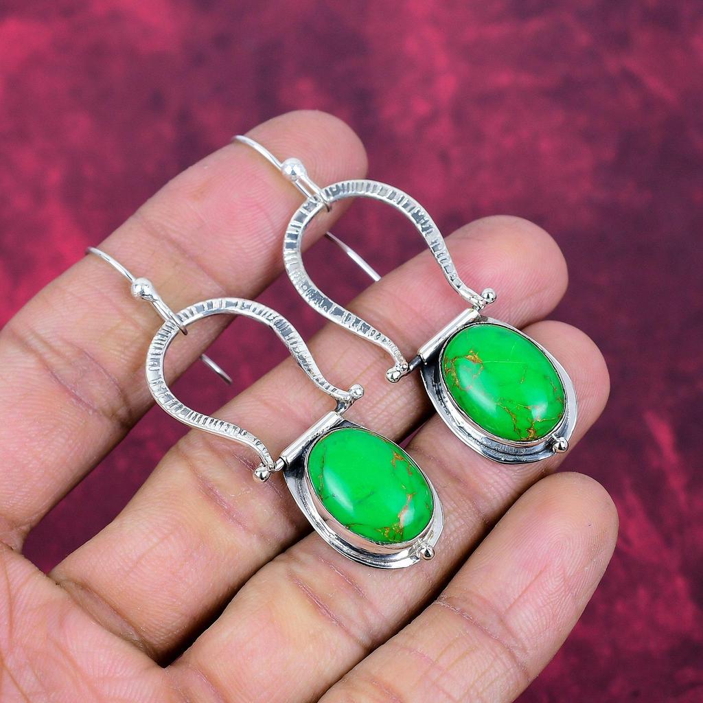 Green Copper Turquoise Earrings Gemstone Jewelry, 925 Solid Sterling Silver Handmade Earrings, Latest Design Jewelry