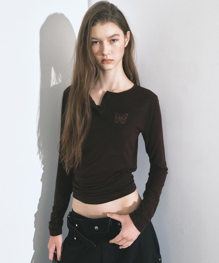 NICK&NICOLE Butterfly Henleyneck Sleeve Top_Brown