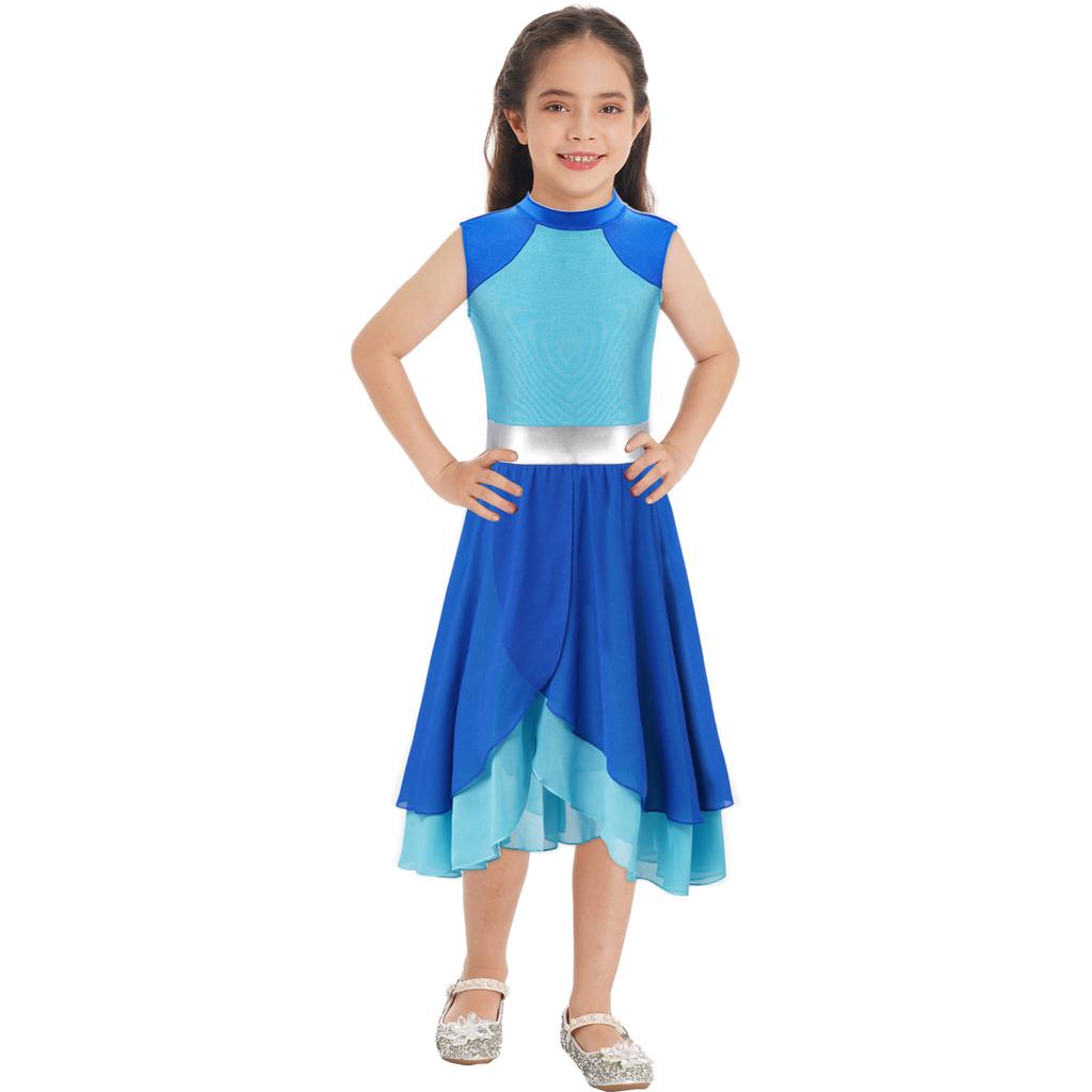 Kids Girls Color Block Dance Dress Mock Neck Sleeveless Tiered Wrapped Hem Praise Lyrical Dance Dress Dancewear