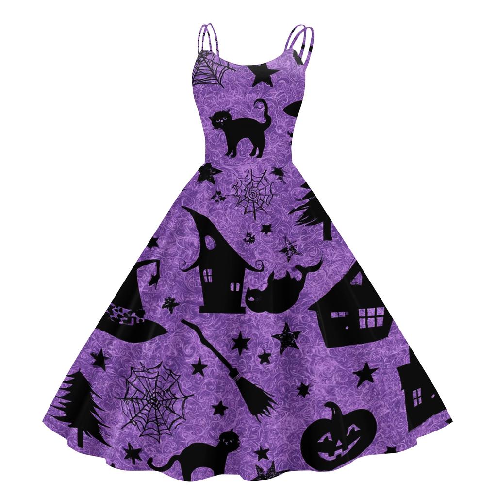 Women's Fashion Off-Shoulder Flared Dress with Halloween Print, Vintage