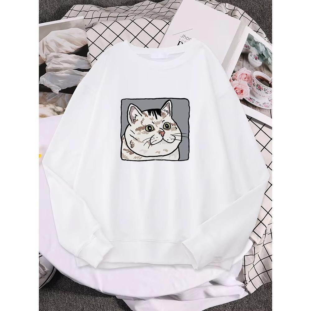 Cat Diagram Print Pullovers Autumn Basics Sweatshirt Loose Street Women Clothing Fashion Oversize Long Sleeved Crew Neck Pullover