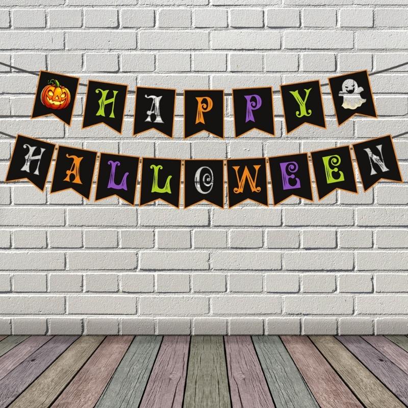 Banderas de Feliz Halloween Banderas de Halloween Decoraciones para Fiestas de Halloween Telón de Fondo para Truco o Trato Guirnalda Exterior Interior