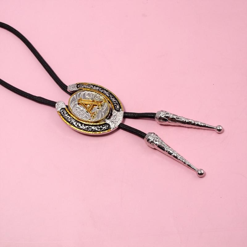 Unisex Adjustable Faux Leather Rope Bolo Tie with Metal Initial Letter Pendant Western Necklace Vintage Necktie Neckwear