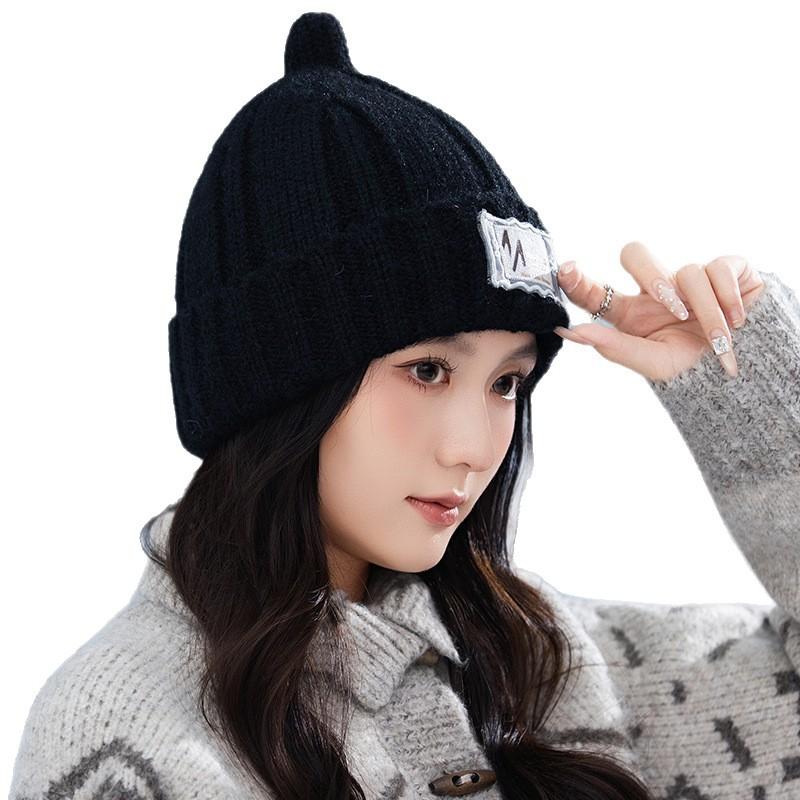 Hats for Women's Autumn and Winter Patch Knitted Wool Hat Korean Style Windproof and Warm Ear Protection Hat Fashion Big Head Flange Hat New