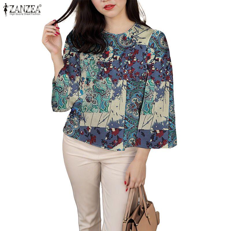 ZANZEA Women Ethnic Print Casual Round Neck 3/4 Sleeve Blouse