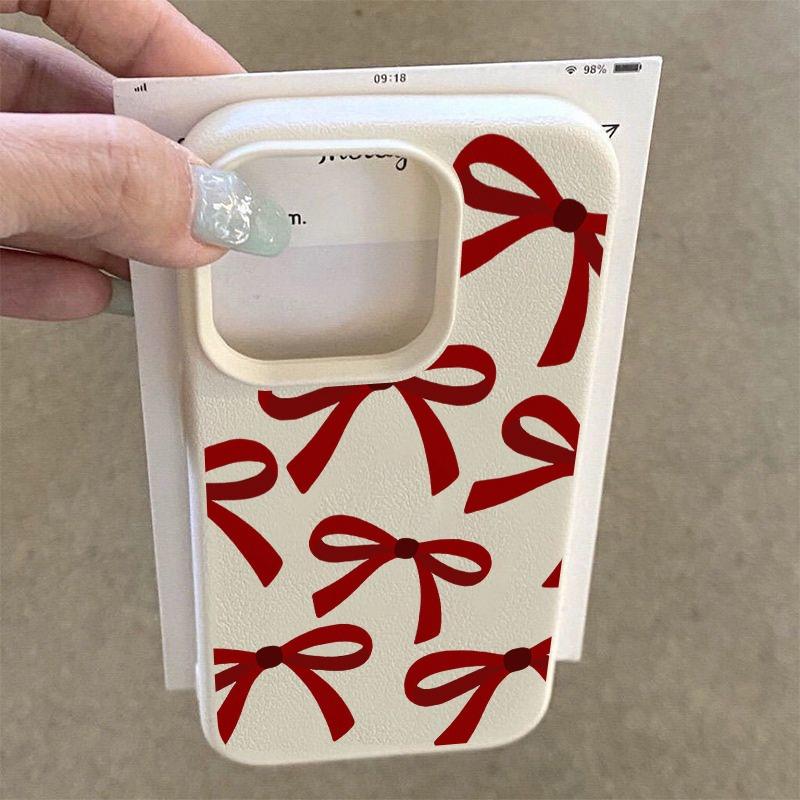 Fashion Red Bow Pattern Lychee Texture Phone Case For iPhone 17 11 12 13 14 15 16 Pro Max 17 Air 15 Plus X XS XR 16E Soft Cover
