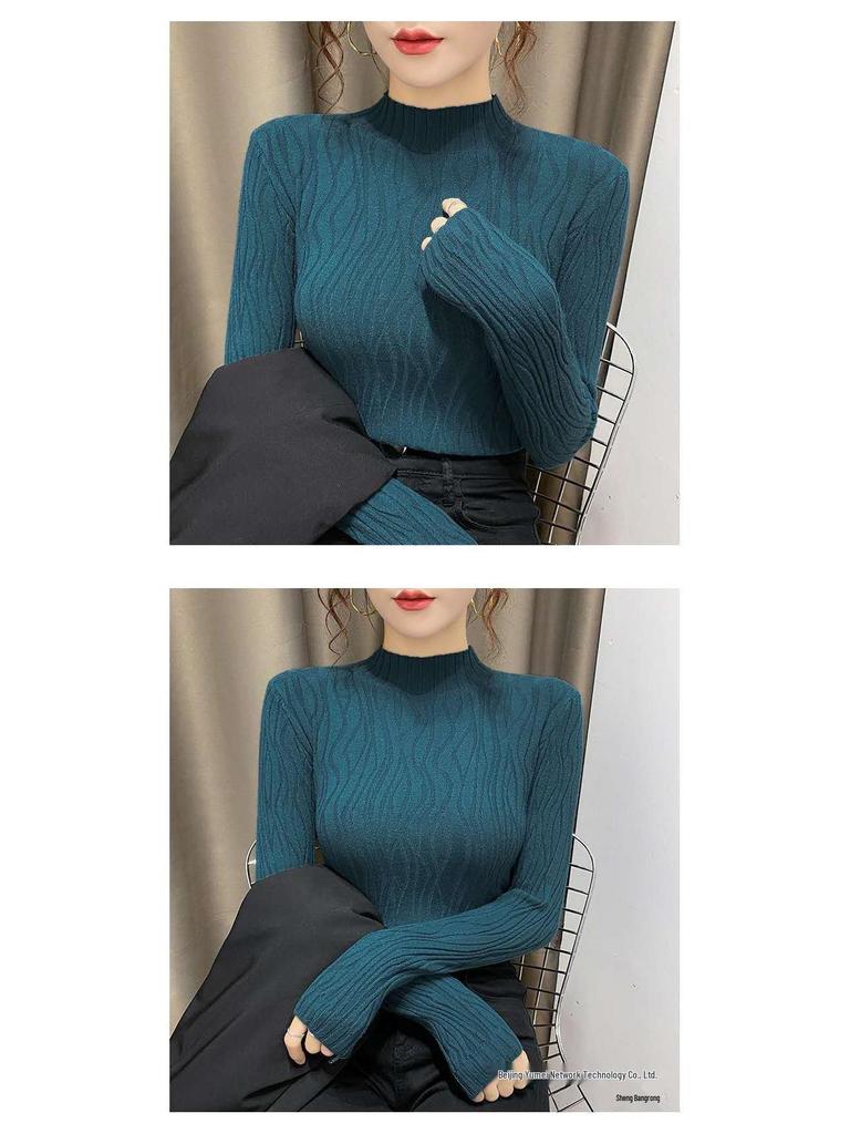 Autumn/Winter Women's Slim Fit Long-Sleeve Knitted Sweater with Semi-High Collar