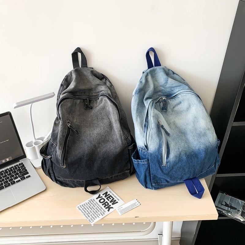 Schoolbag Large Capacity Backpack Gradual Change Travel Denim Student Schoolbag Korean Old Retro Casual Washed Denim Backpack