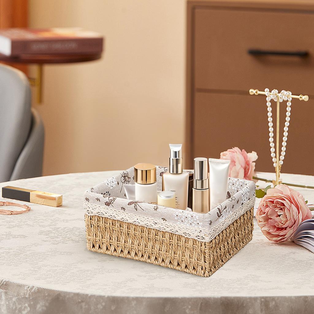 3PCS Faux Rattan Storage Basket Set Rectangular Decorative Flower Woven Storage Basket Organizer with Cloth Liner for