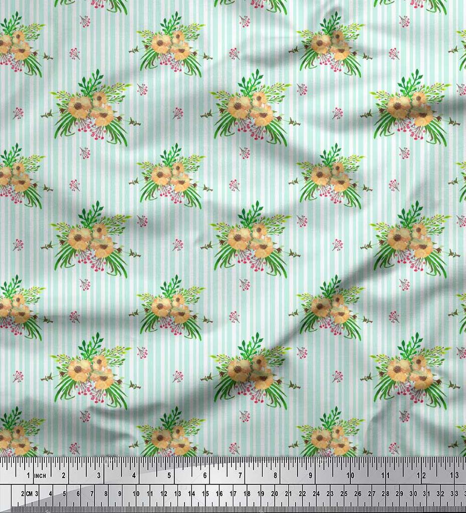 Soimoi Blue Japan Crepe Satin Fabric Stripe & Anemone Floral Fabric Prints By metre 42 Inch