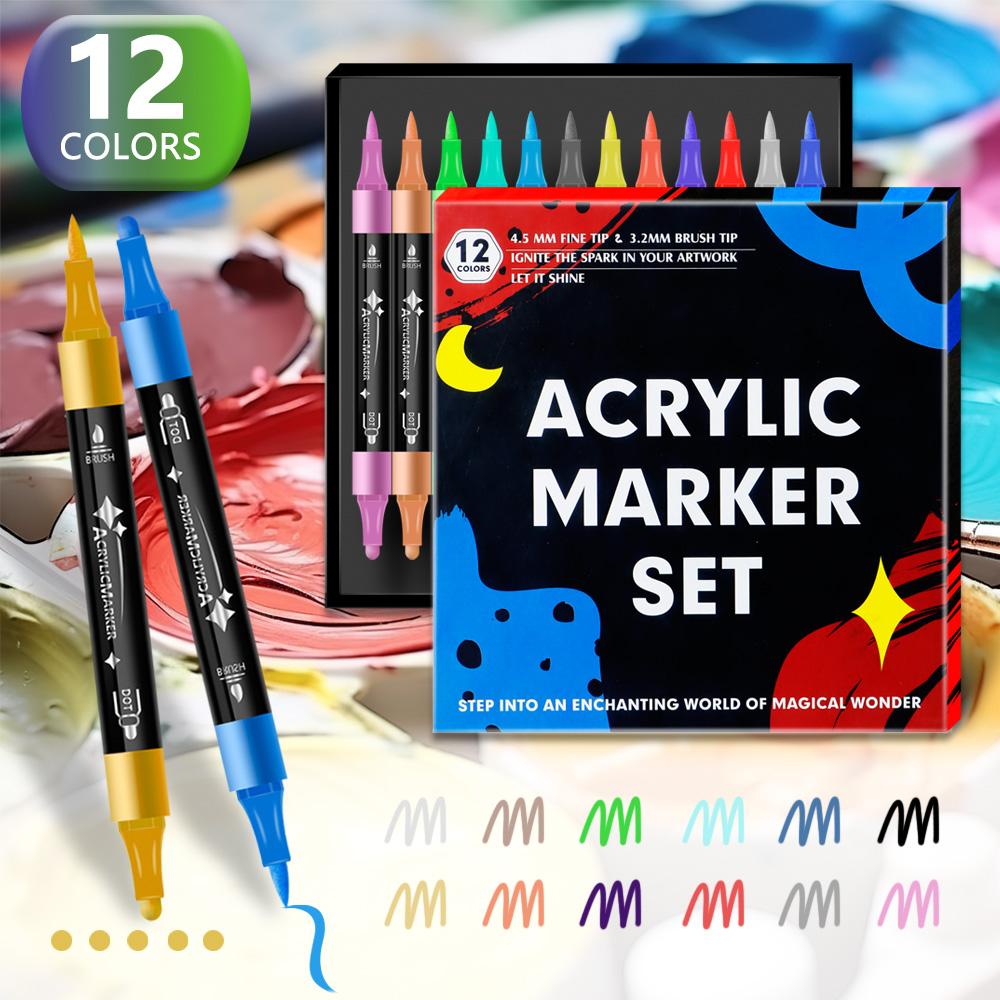 Dual Tip Acrylic Marker Brusht Soft&Round Tip Paint Markers Fade Resistant Durable Acrylic Pen for Canvas Glass Wood