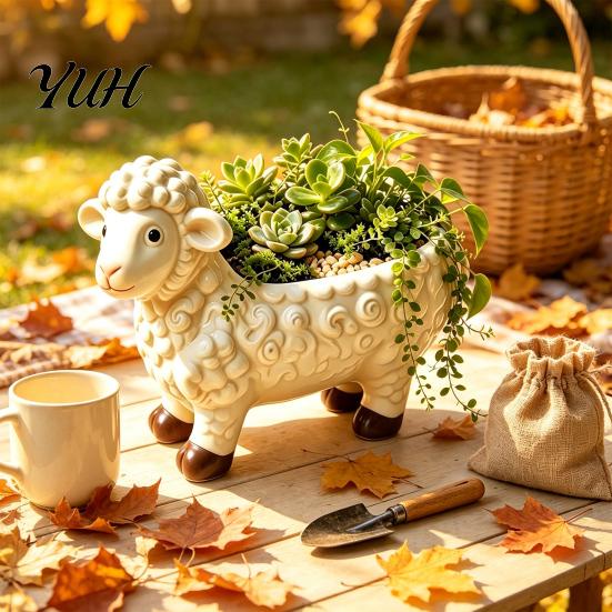 Cute Animal Flower Pot Curly Sheep Planter Pot, Resin Lamb Decorative Shaped Plant for Succulents Cacti Indoor Outdoor Decoration Holder Balcony