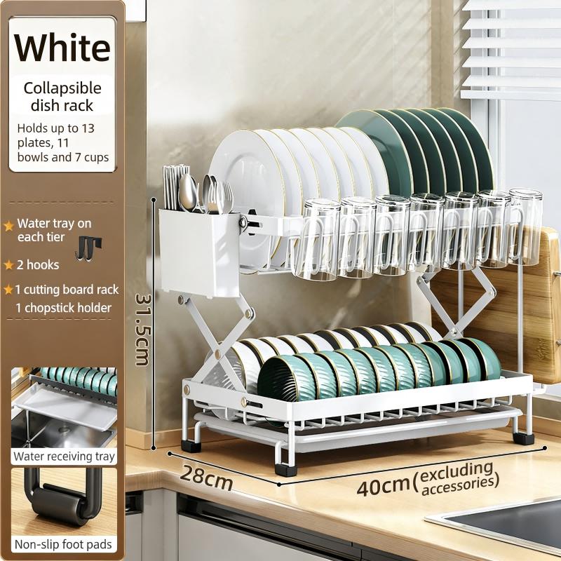 2-Tier Collapsible Bowl Drainer Rack - Foldable Metal Kitchen Counter Storage Holder for Bowls and Utensil Drying