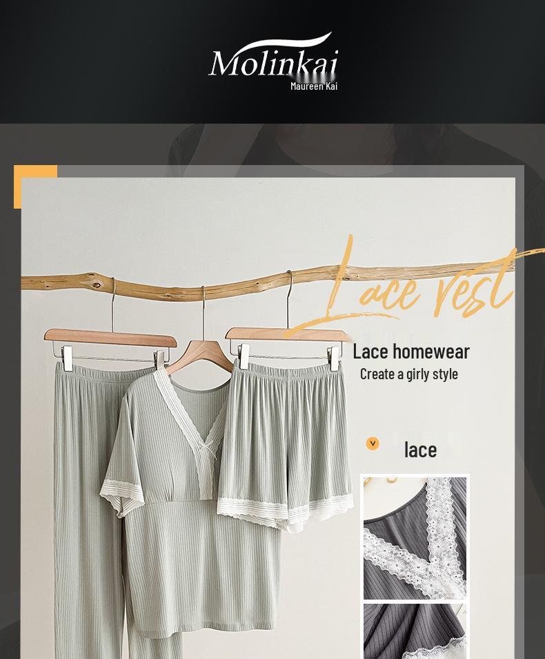 Women's Three-Piece Pajama Set: Short Sleeve, Long Pants, Shorts - No Bra Needed, Casual Summer Loungewear