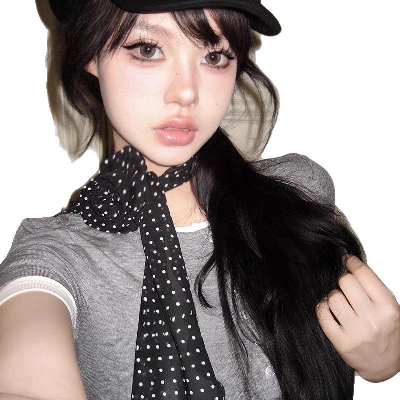 Korean Version of Black Long Polka Dot Rose Silk Scarf Spring and Summer Thin Atmosphere Versatile Niche Scarf Scarf Scarf Scarf