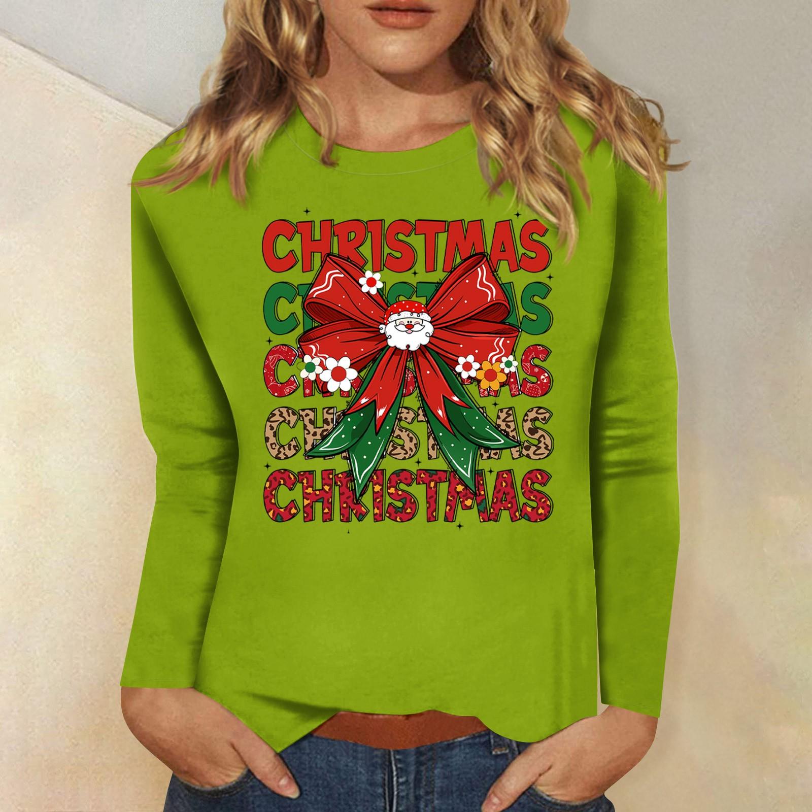 

Женский повседневный повседневный топ с длинными рукавами и рождественским принтом с круглым вырезом M зелёный