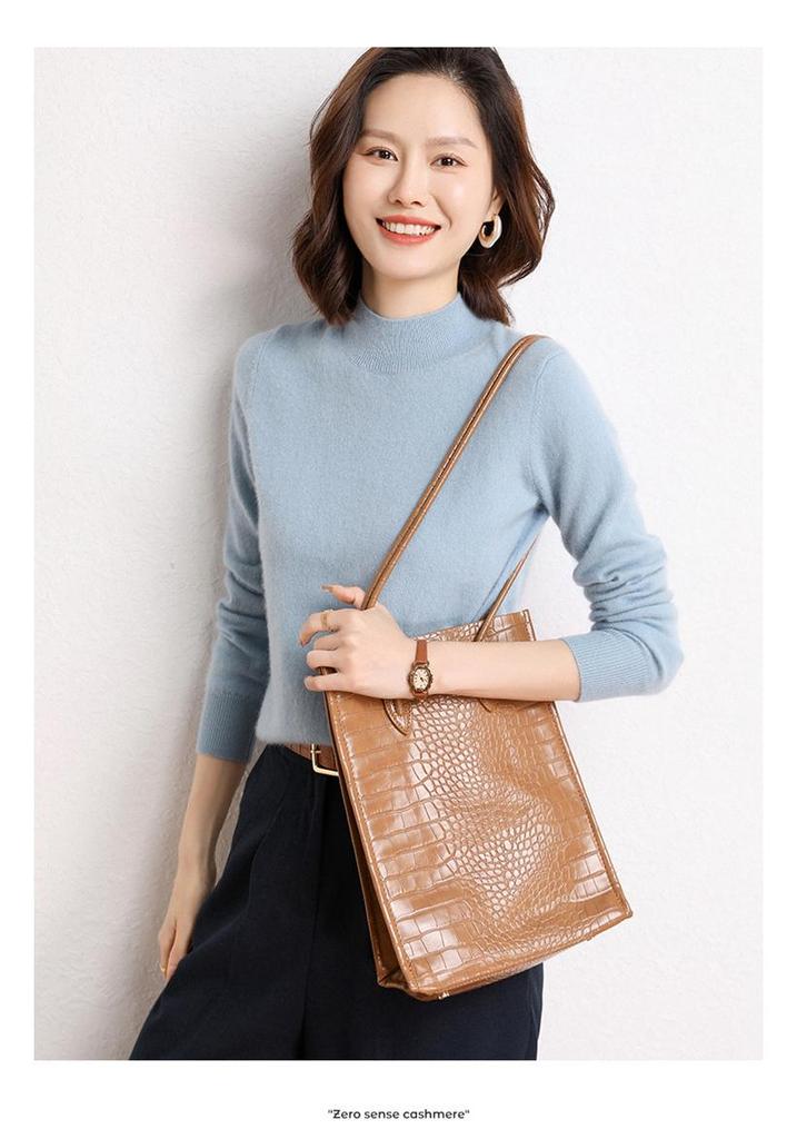 Women's Cashmere Knit Sweater: Half-High Neck, Loose Fit, Long Sleeve, Versatile Base Layer for Autumn & Winter