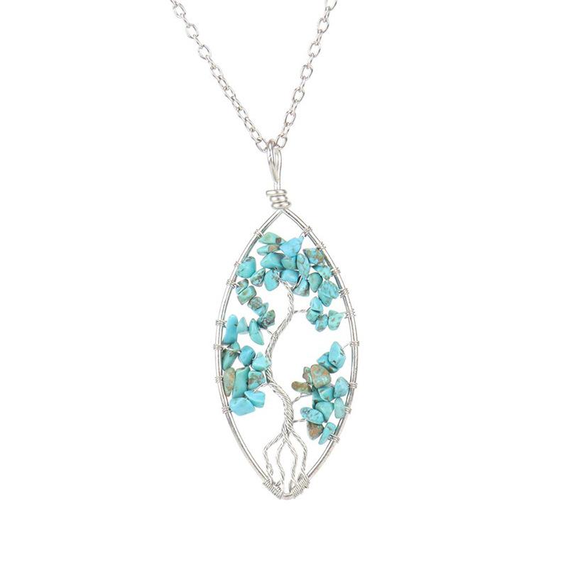 Hand-Wrapped Silver Natural Gravel Tree Of Life Necklace, Curved Crystal Lucky Tree Leaf Necklace N04