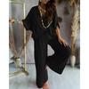 Summer Two Piece Set For Women Long Pant Sets V Neck Bat Sleeve Casual Loose Wide-leg Pants 2 Piece Set Solid Color Outfits