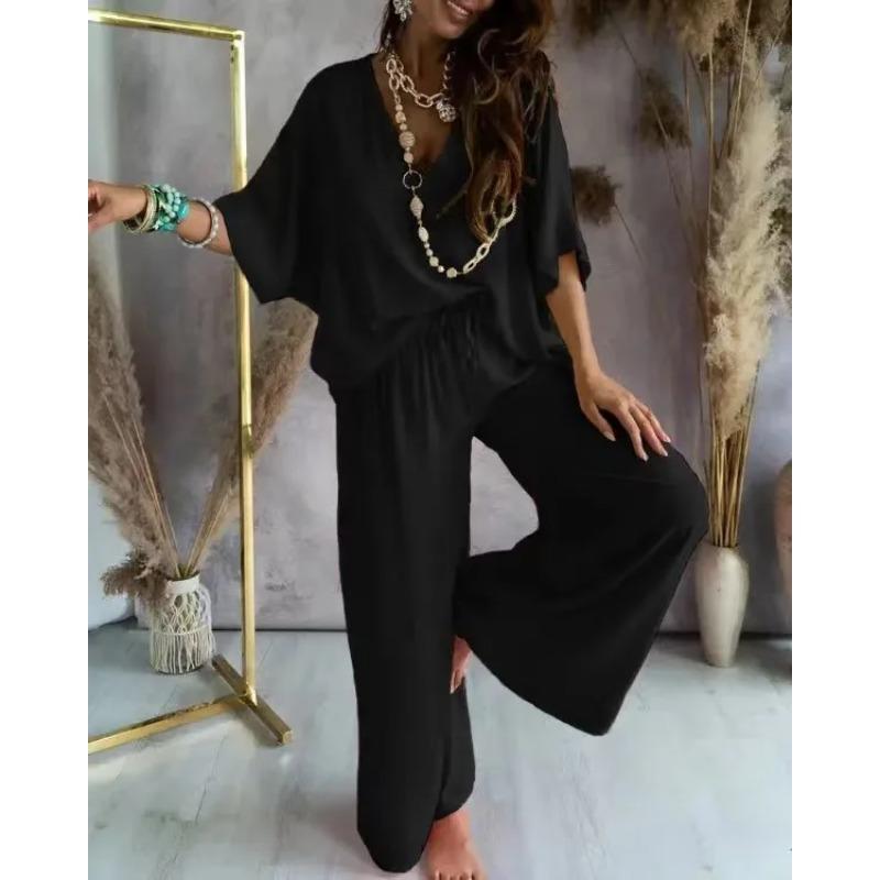 Summer Two Piece Set For Women Long Pant Sets V Neck Bat Sleeve Casual Loose Wide-leg Pants 2 Piece Set Solid Color Outfits