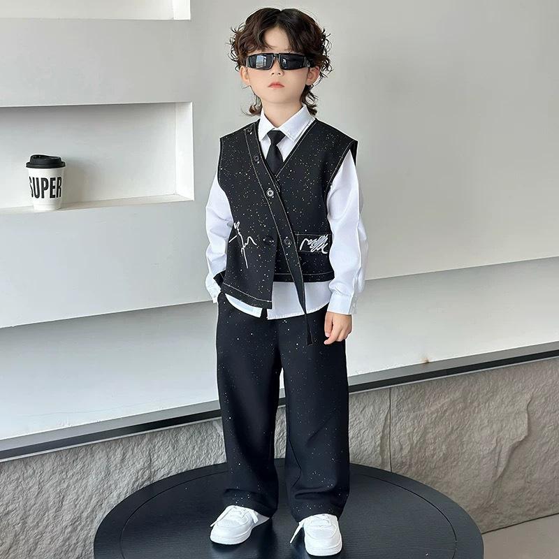 4 PCS Set Spring Summer  Boy Retro Stripes TShirt+Pants +Vest Kid Children Baby Gentleman Handsome Streetwear Party Clothes