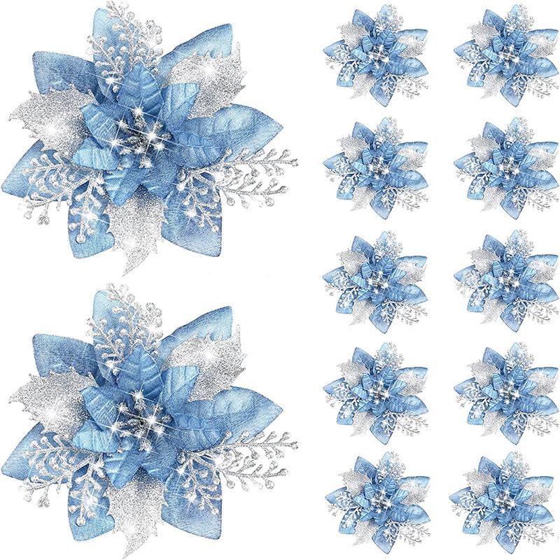 Valentines Day Flowers Glitter Artificial Poinsettia Floral Xmas Tree Ornaments DIY Garlands Home Wedding Party Decorations Gift