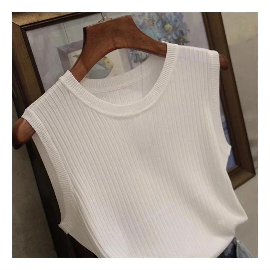 Summer Fashion Women Knitted Vests Shirts Tops Lady O-neck Sleeveless Solid Color Casual Thin Tops