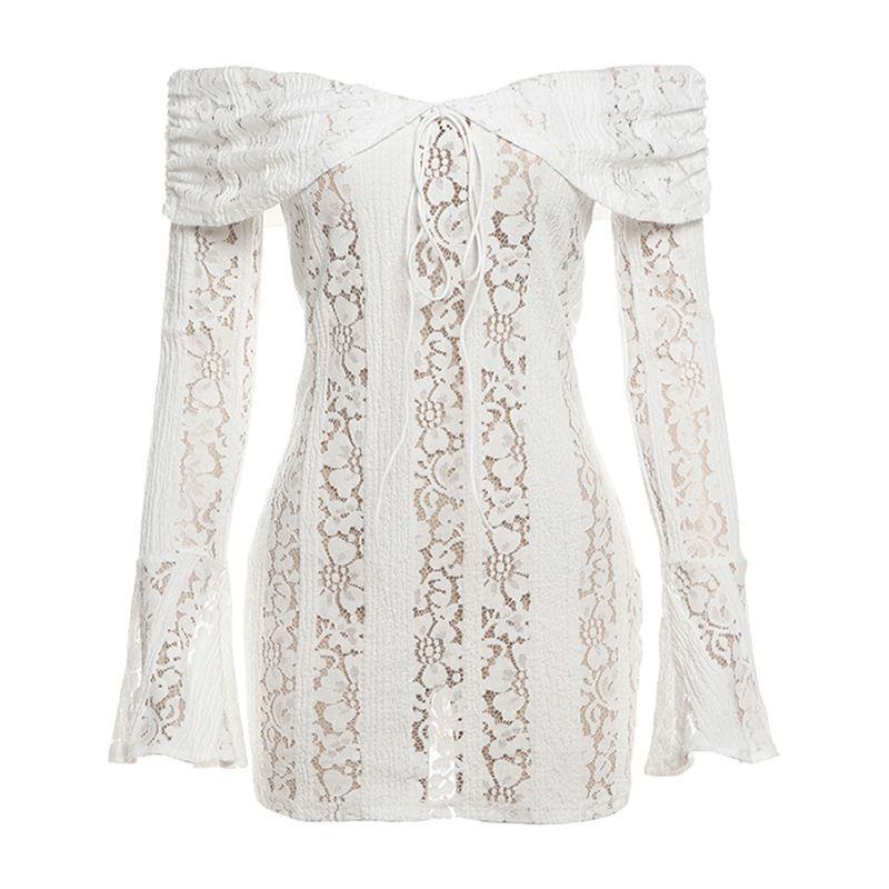 

One Shoulder Lace Dress with Long Sleeves off-Shoulder Lace Dress Long Sleeves White L