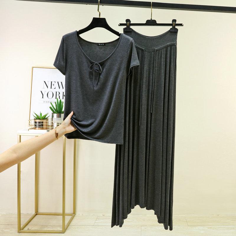 Damen Sommer Modal Schlafanzug Sets Übergröße M bis 6XL Krawattenhals Kurzarm T-Shirt und Kordelzug Hoher Bund Langer Rock Lässige Mode 2-teiliges Set
