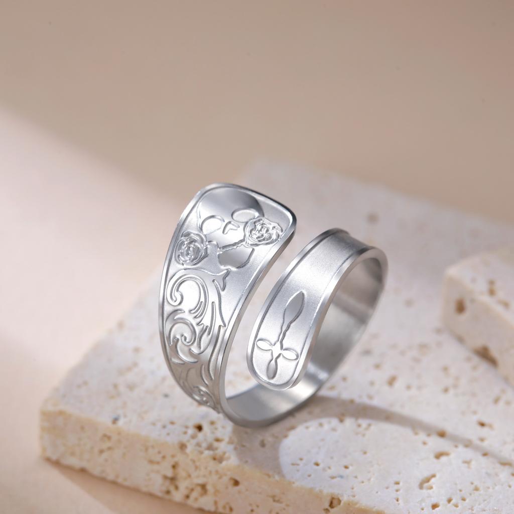 Corroded Skull Rose Stainless Steel Open Ring Fashion Punk Jewelry Accessories Gift