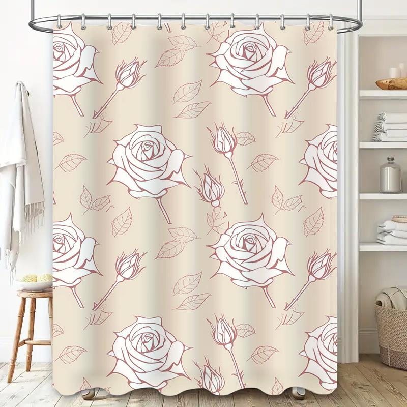 Vintage White Rose Pattern Shower Curtain Bathroom Decor Waterproof Home Supplies Pink Floral Design Polyester Fabric Water Repe