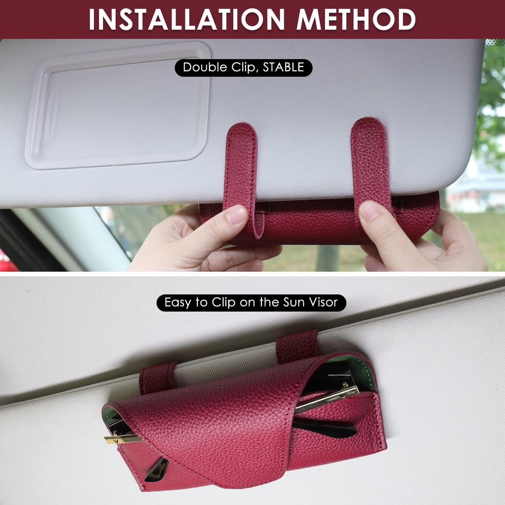 Car Visor Sunglasses Leather Car Glasses Holder Visor Accessory Glasses Holder Glasses Storage Box Holder, Clip, (Red)