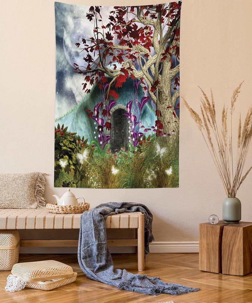Fall Tapestry, Vibrant Misty Day in Forest Sun Rays Trees Foliage Fallen Leaves Calm View, Wide Wall Hanging for Bedroom Living