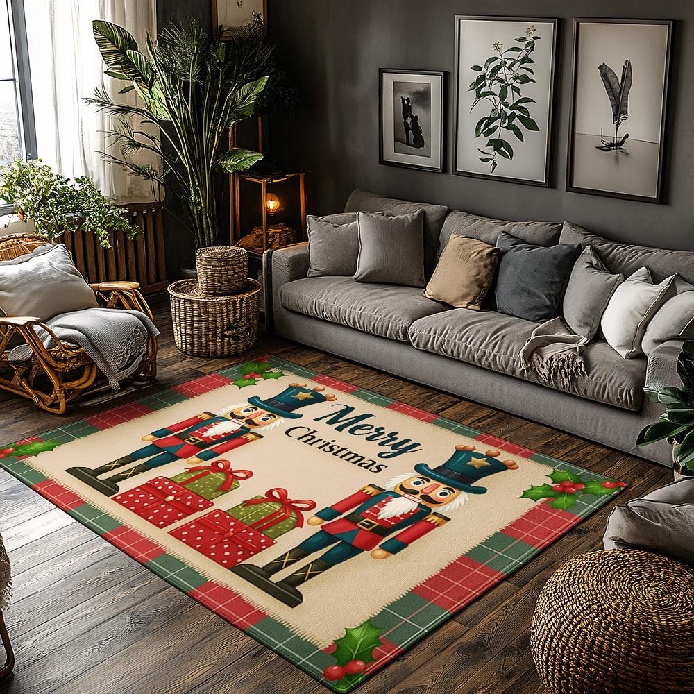 

Nutcracker Christmas Rug, Red Green Plaid Border Carpet for Living Room, Soft Non-Slip Sofa Mat with Festive Gift Design 50x80cm
