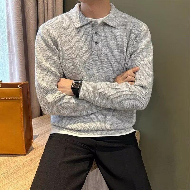 Men's Knit Sweater Autumn Winter Pullover Korean Soft Heavyweight Knit Polo Sweaters Minimalist Long Sleeve Solid Casual Top