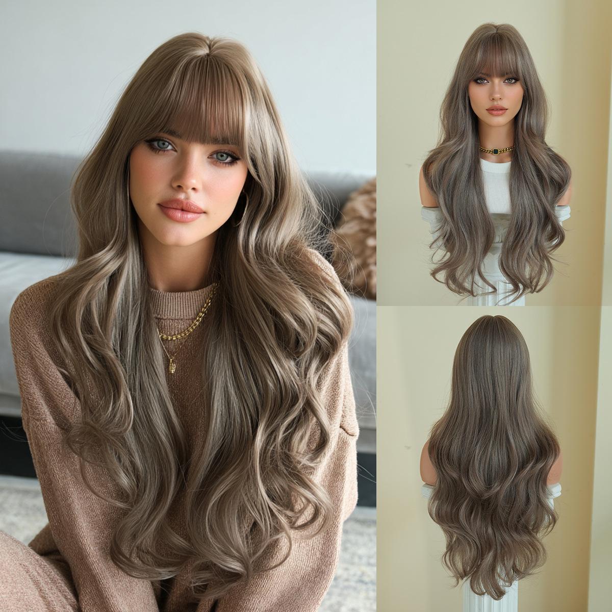 

Women’s Honey Brown Long Wavy Wig with Blunt Bangs Big Waves Fluffy Natural Synthetic Full Wig пурпуровий рожевий