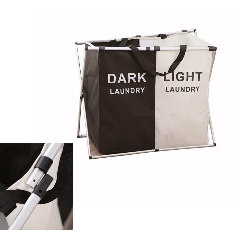 Foldable Aluminum Frame Double Compartment Laundry Basket with Handles 